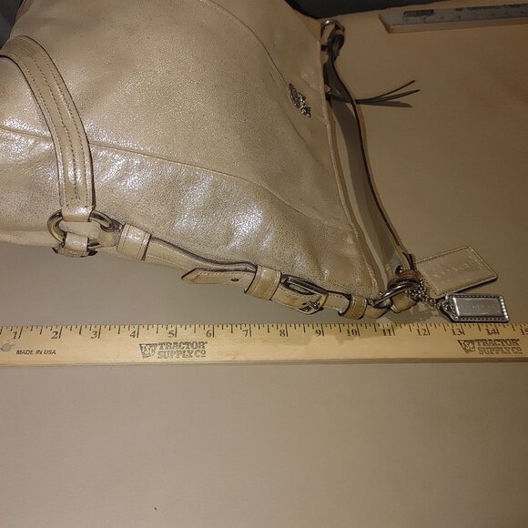 Coach Metallic Gold Leather Tote Bag Adjustable Strap Light Blue Interior - Picture 9 of 13